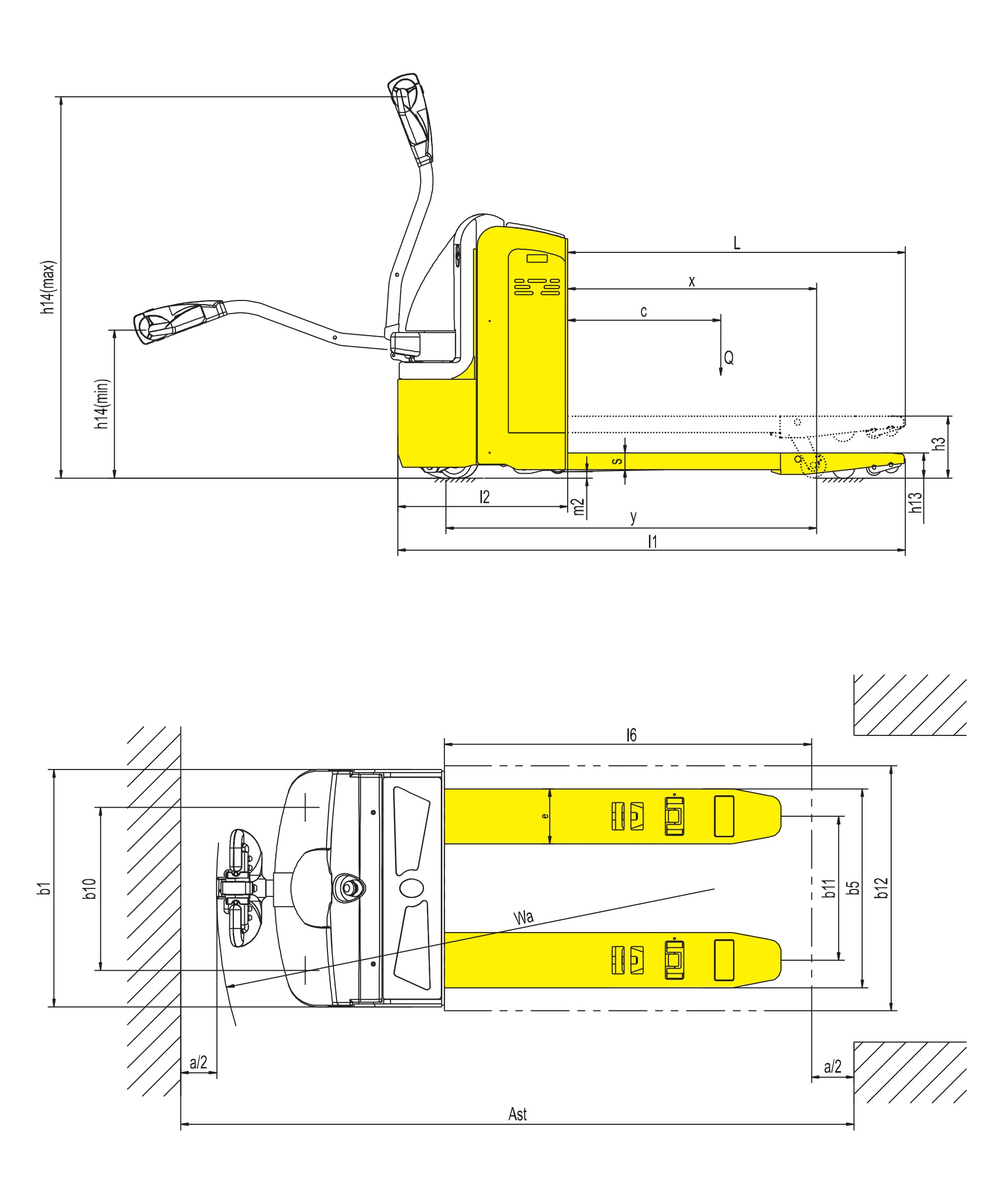 1800–2000 kg teherbírású EPV elektromos gyalogkíséretű raklapemelő