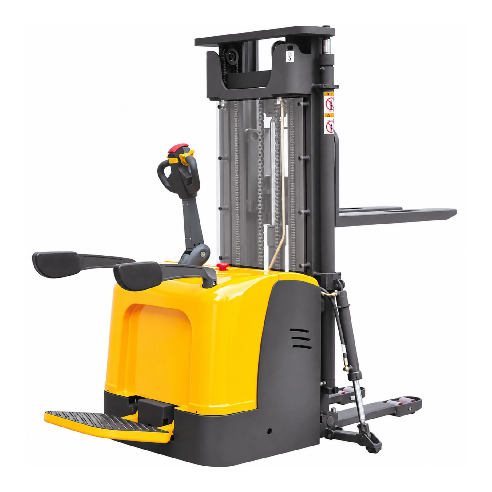 DELACCO EVV20-P elektromos vezetőállásos magasemelő, 2000 kg teherbírással, lehajtható kezelőplatformmal és triplex emelőoszloppal