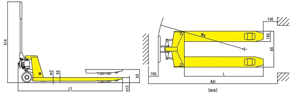 Az RPV2000E 2000 kg-os kézi raklapemelő méretrajza