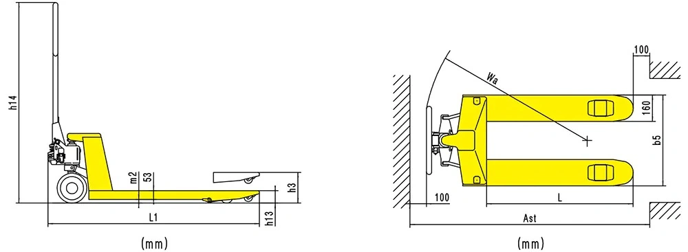 RPV2500PT/RPV3000PT kézi raklapemelő méretrajza