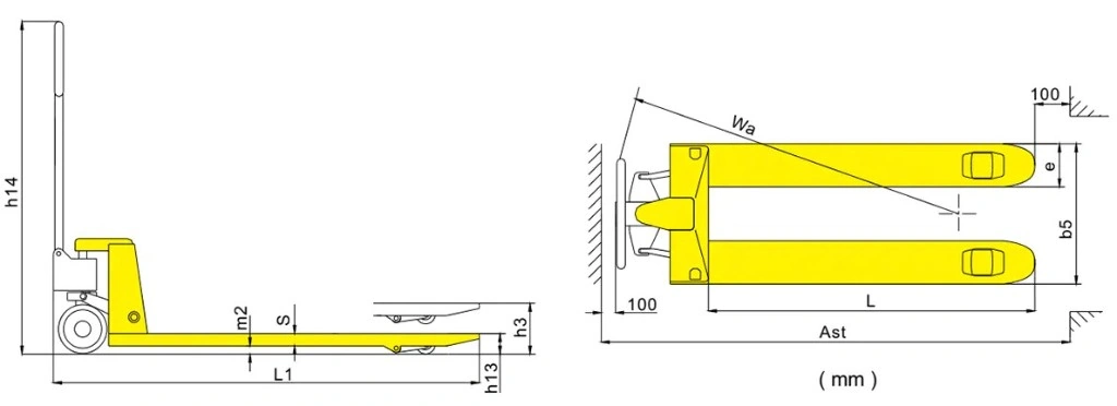 RPV2500STD és RPV3000STD standard kézi raklapemelő méretrajza