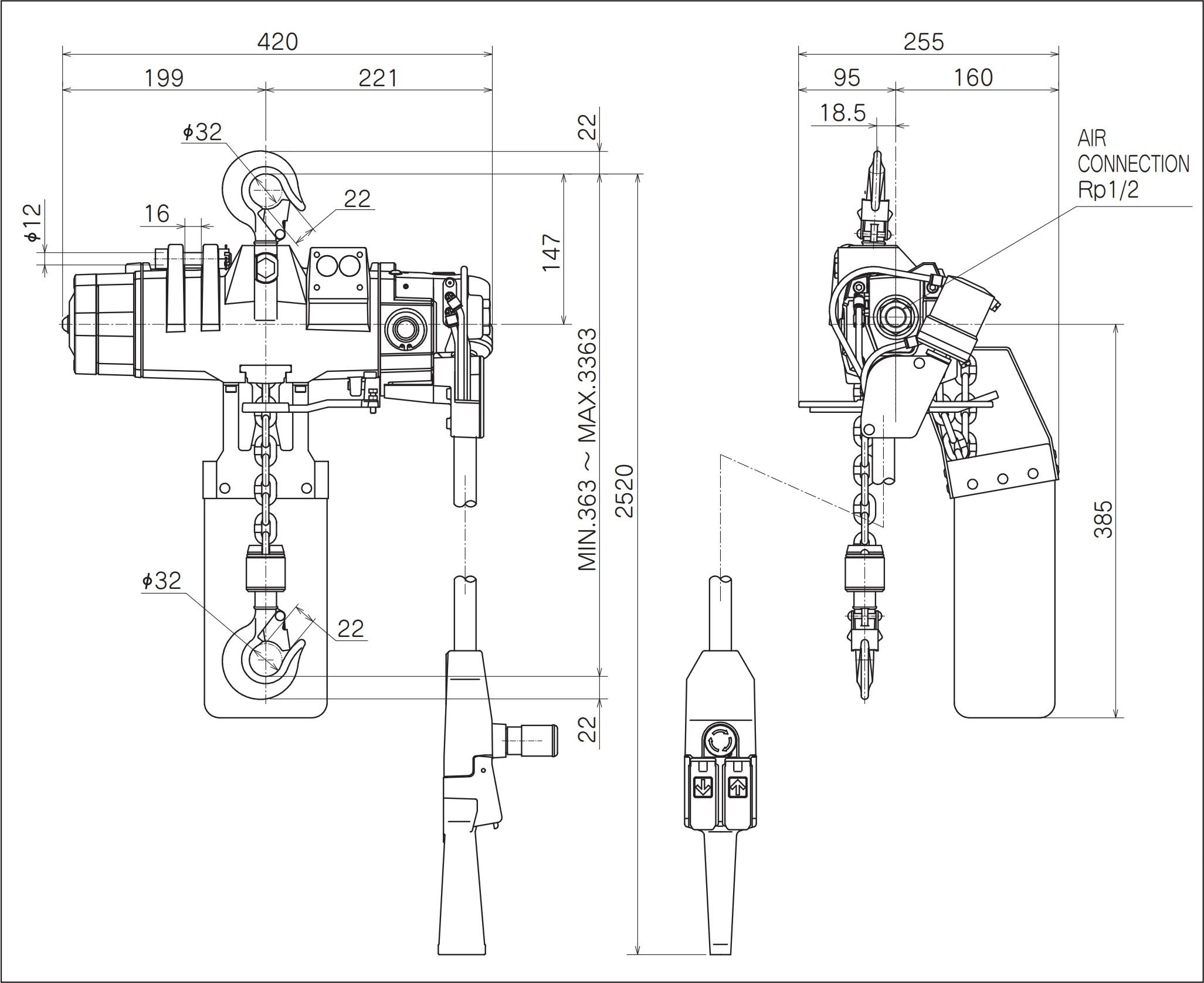 ENDO EHV pneumatikus láncos emelő 250, 500 és 1000 kg teherbírással