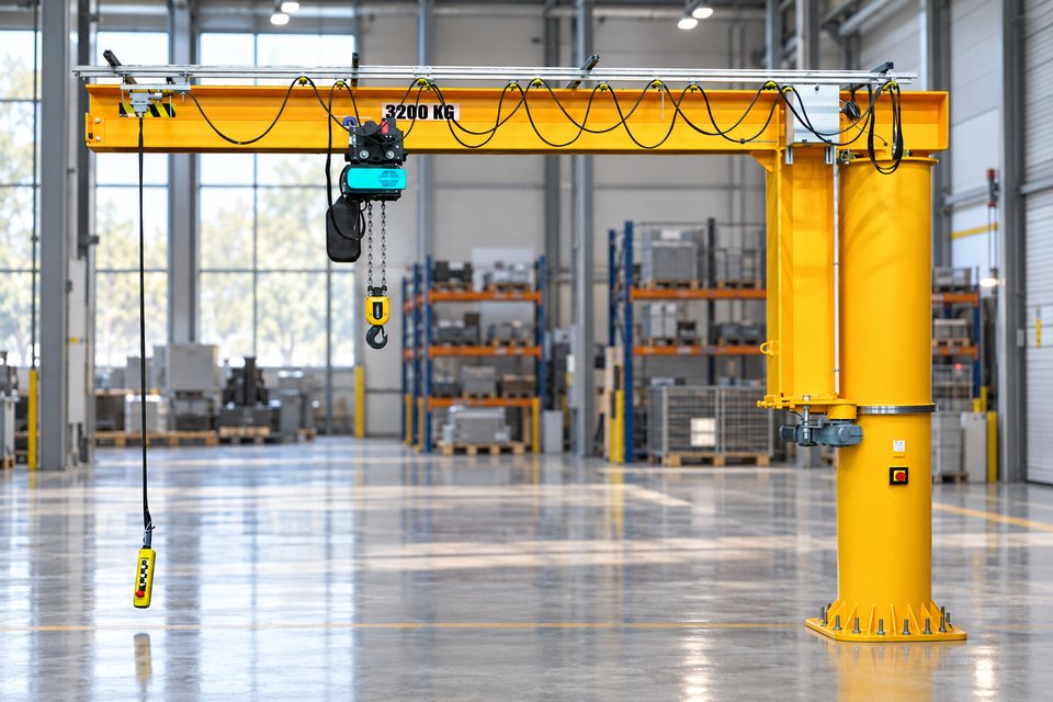 Comege RSD teljes körbefordulású oszlopos forgódaru elektromos láncos emelővel ipari csarnokban